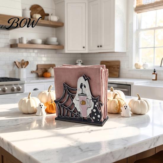 Halloween Napkin Holder Wooden Holder, Ghost Pumpkin Decorative Tabletop Tissue Dispenser, Seasonal Interior Accents Paper Storage Organizer