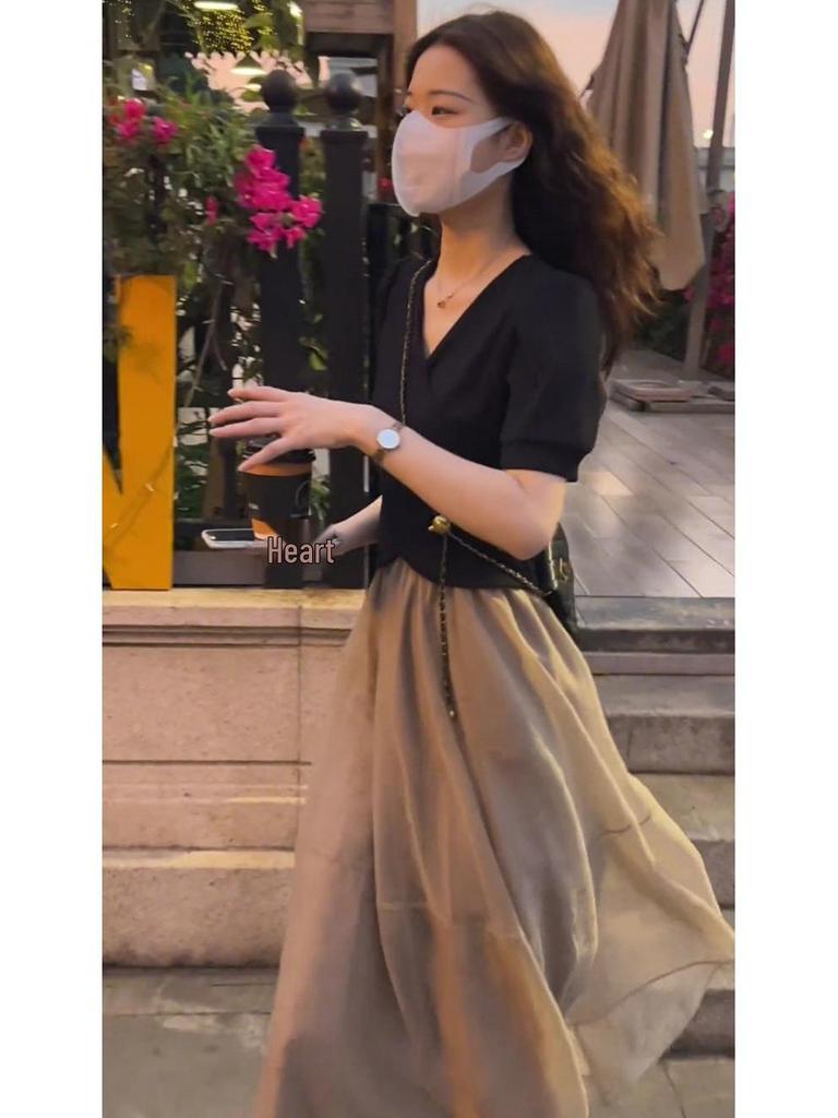 Influencer Women's Summer Two-Piece Set: Short Sleeve Crop Top & High Waist Midi Skirt