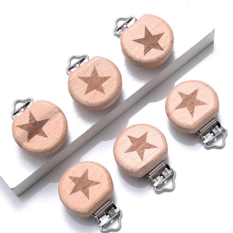 5Pcs/Lot Food Grade Beech Wooden Pacifier Clip Heart Animal Rainbow Pattern Dummy Holder Clip for DIY Teething Pacifier Chain