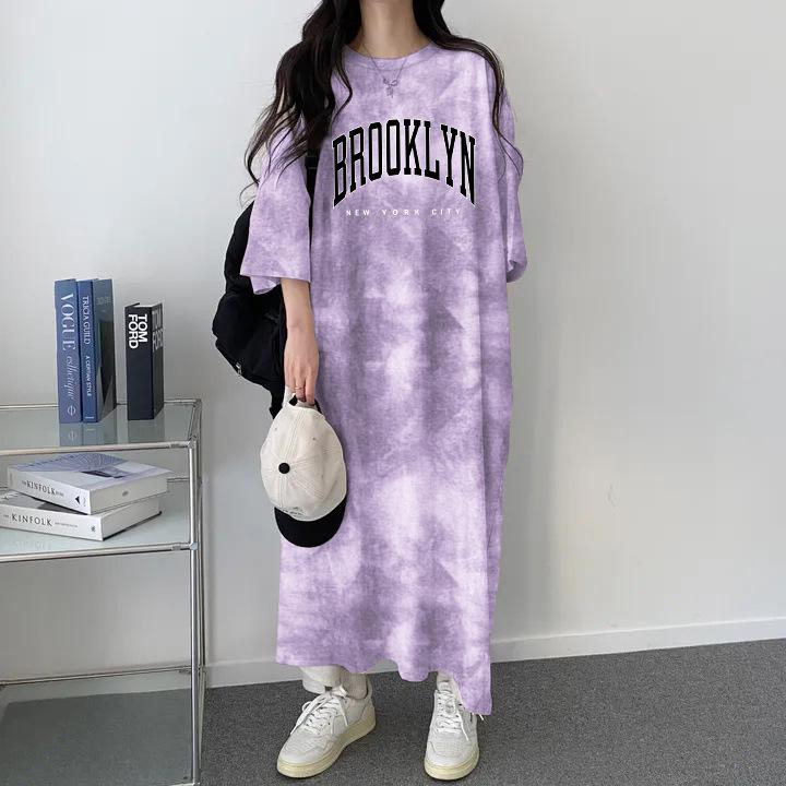 

Платье-футболка в полоску в корейском стиле, женское, с эффектом тай-дай, средней длины, летнее, повседневное, больших размеров. Medium фиолетовый