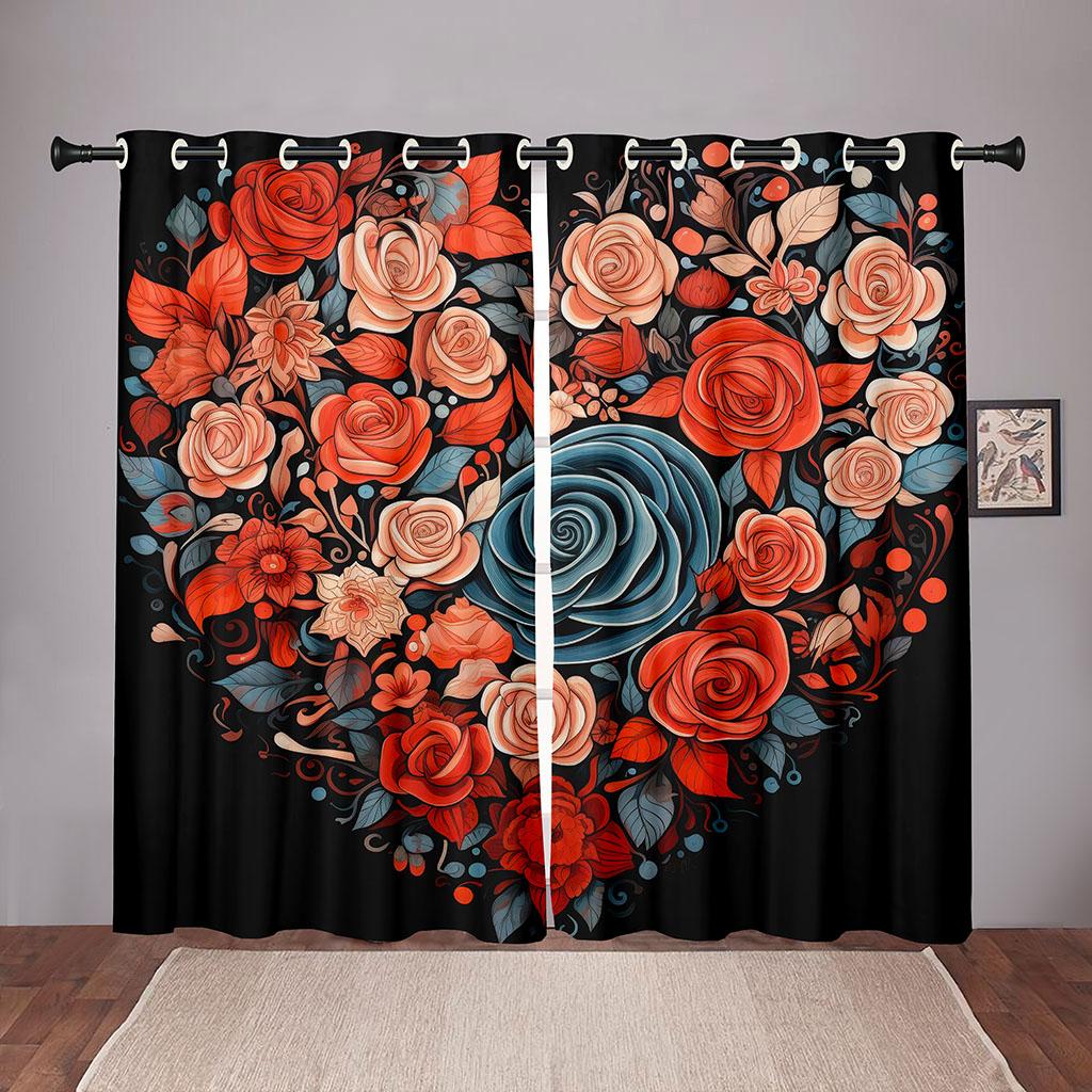 

2 шт. Винтажные шторы с розами и сердечками ко Дню святого Валентина, красные цветочные узоры для гостиной, спальни, кухни, балкона, декоративных штор 50W130H(CM)X2PCS&Hook
