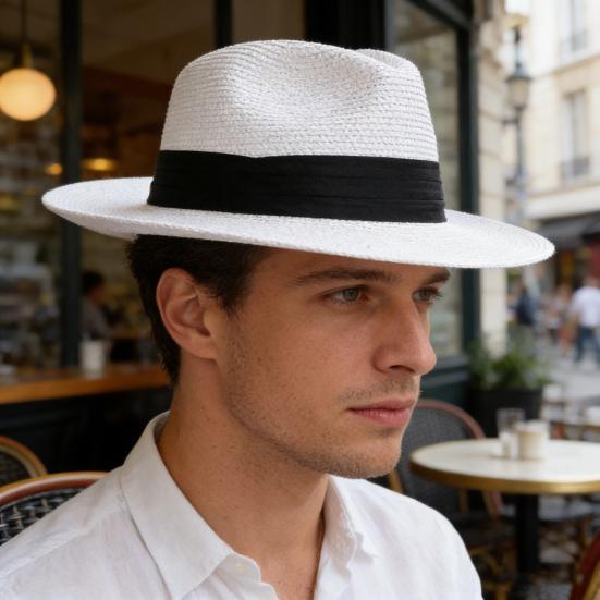 Panama Hat Women Men Wide Brim Straw Beach Hat Ribbon Decor Breathable Elastic Fit Summer Sun Hat Vacation Accessory