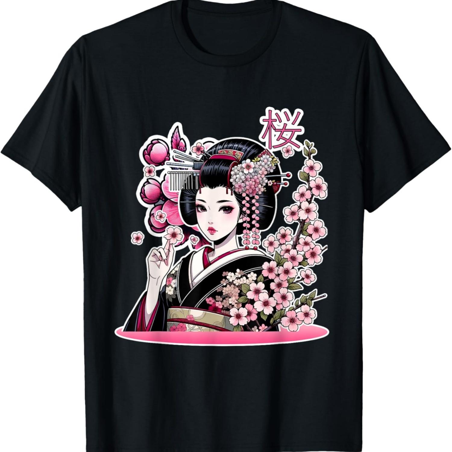 Гейша Сакура - Гейша с цветами сакуры - Футболка с принтом кимоно S чёрный