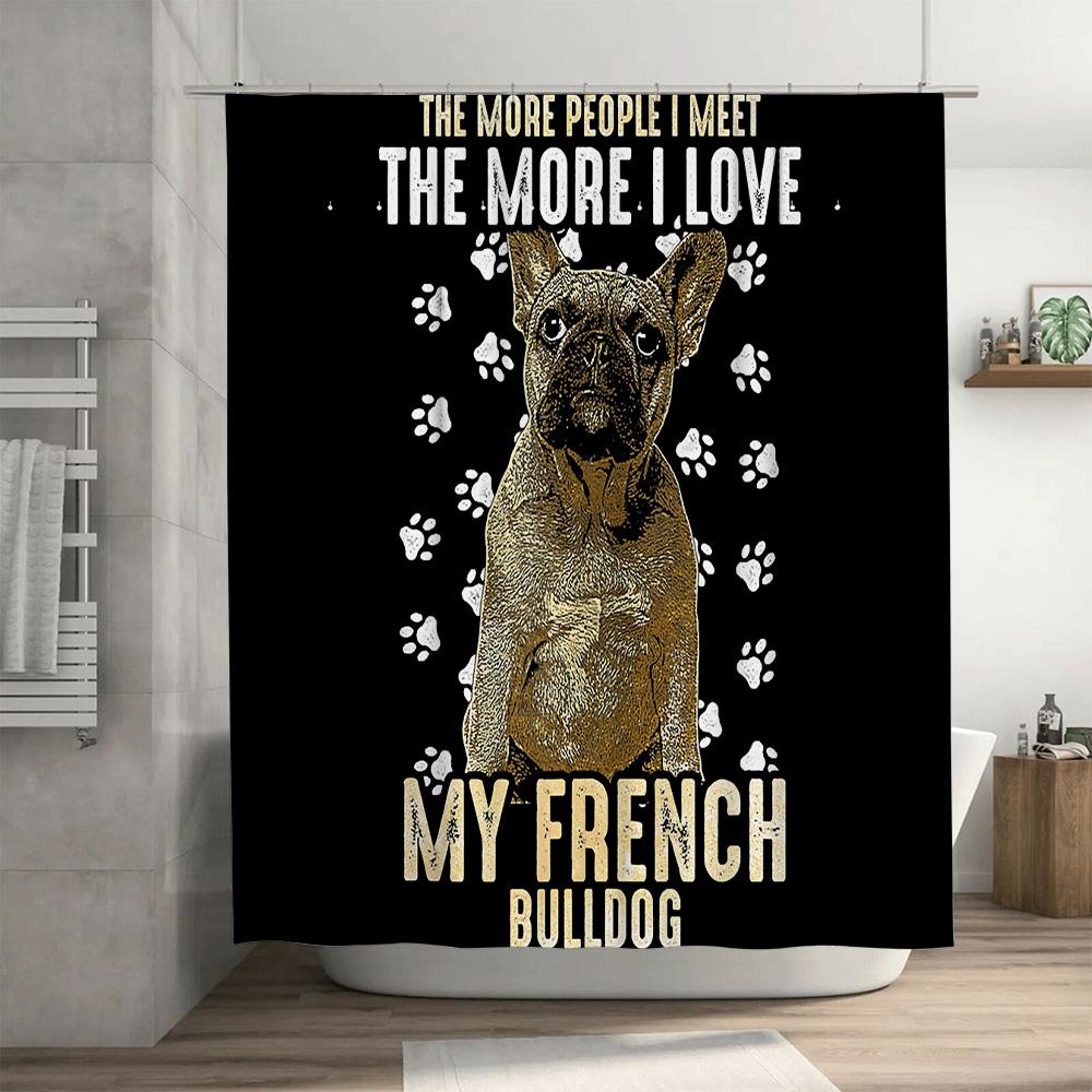 Decorative Dog Print Shower Curtain French Bulldog Design, White Paw Prints, Premium Quality Fabric, Waterproof Bath Mat Set for
