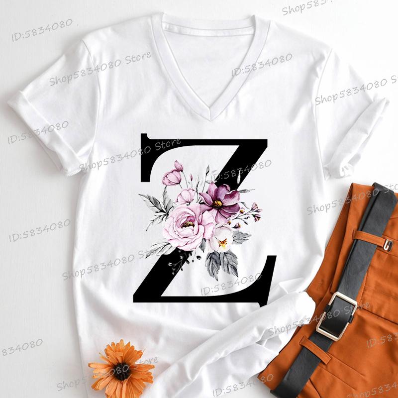 Vintage Flower Alphabet Womens Clothing Letter M Floral Monogram Graphic T Shirts Women AZ 26 Alphabet Gift Shirt for Women