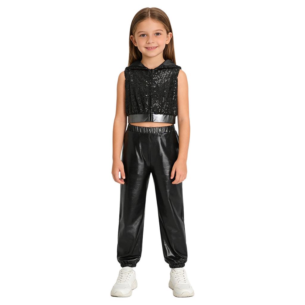 Mädchen Glitzernde Pailletten Reißverschluss Vorne Crop Top Elastische Taille Hose Hip Hop Jazz Tanz Set