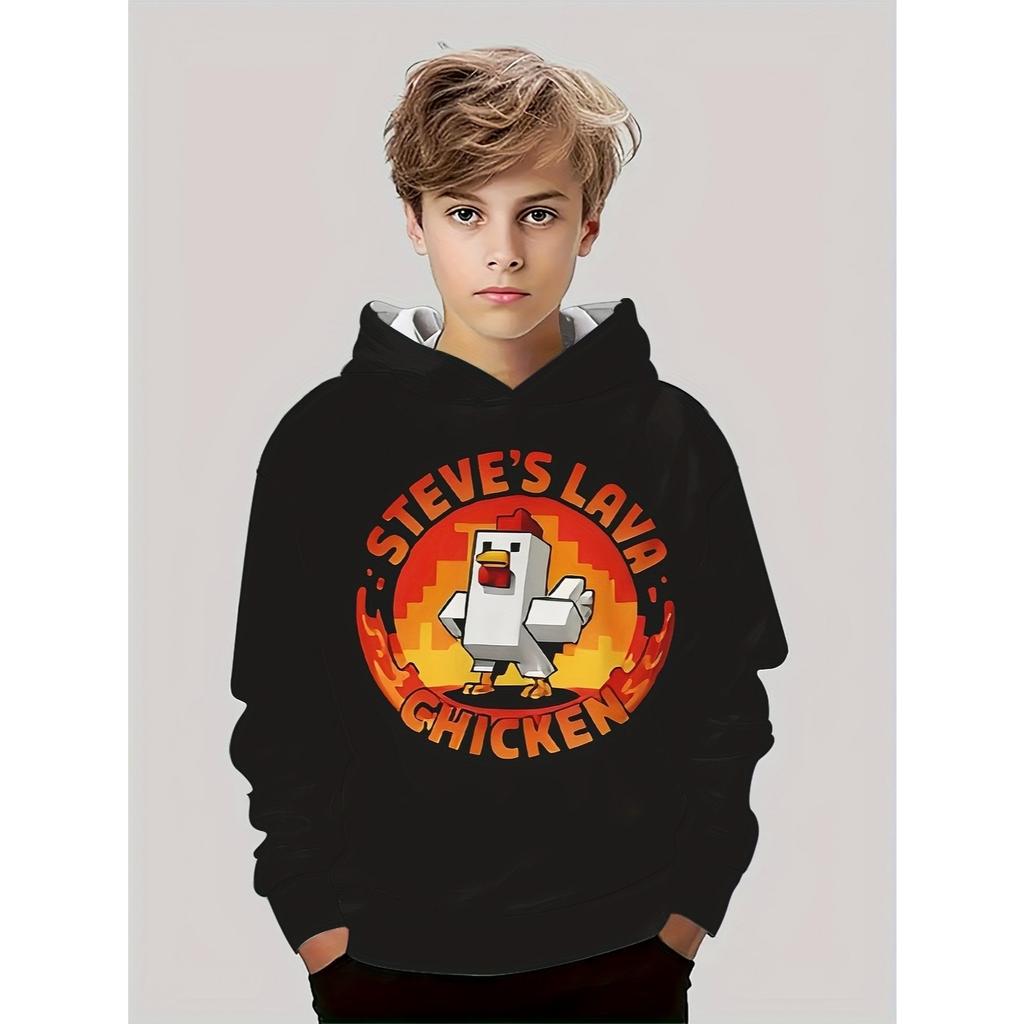 Boys' Casual Hooded Sweatshirt - Steve's Lava Chicken 3D Digital Printed Black Long Sleeved Pullover