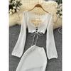 Holiday Style White Knitting Suit Women Seaside Beach Bikinis Strap Waist Hugging Hollow Long sleeve Cover up Skirt