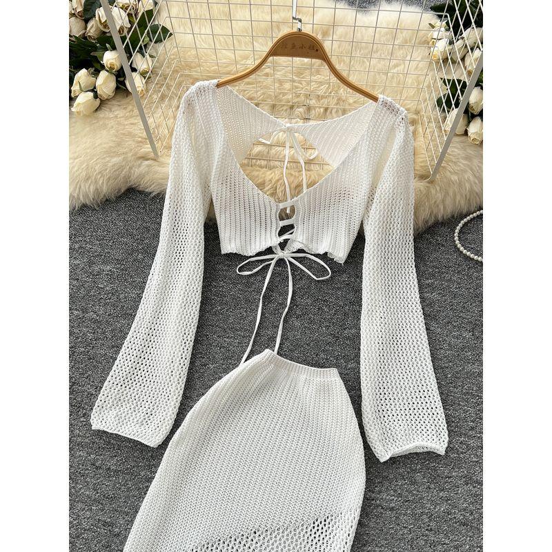 Holiday Style White Knitting Suit Women Seaside Beach Bikinis Strap Waist Hugging Hollow Long sleeve Cover up Skirt