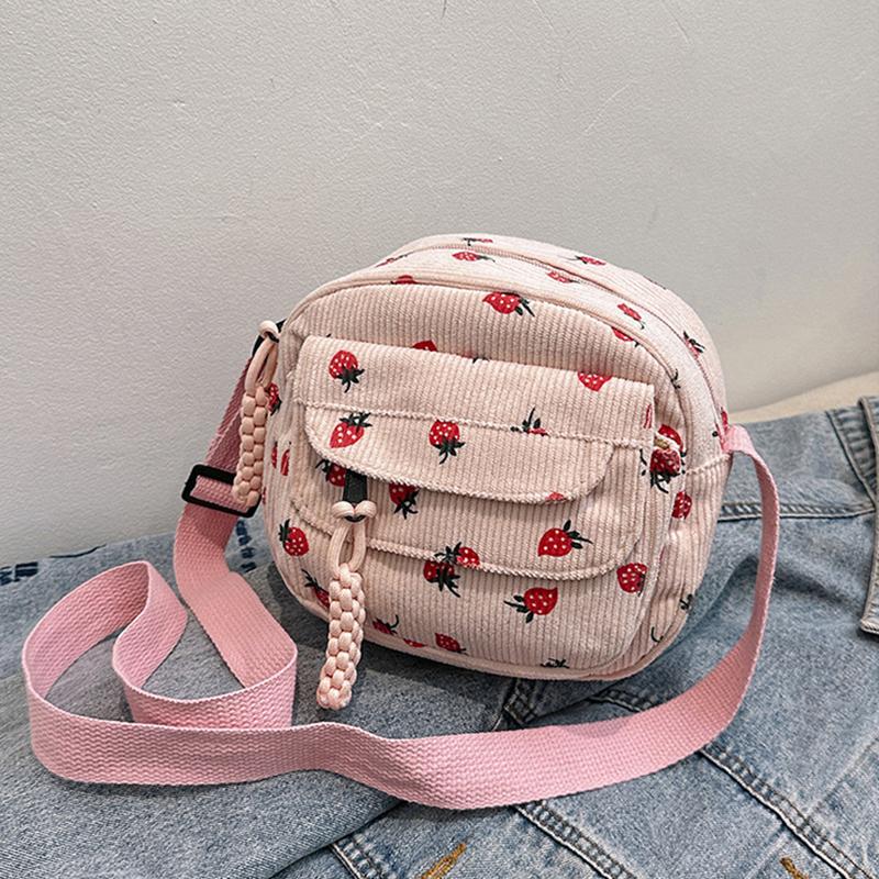 Cute Strawberry CorduroyShoulder Bag Casual Zipper Trendy Crossbody Bag Tote Handbag for Women Girls Travel Work Messenger Bag CLE