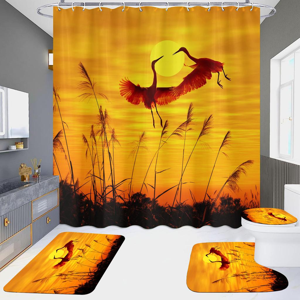 Pink Flamingo Printing Shower Curtain Set For Bathroom Non Slip Lovebird Bath Mat And Curtain Set Bath Rug Toilet Carpet