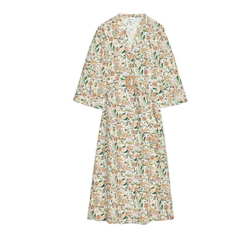 

Spring and Summer New Women s Clothing round Neck Long Sleeves V-Shaped Neckline Long Print Poplin Midi Skirt Dress 2298075 Multi-color L