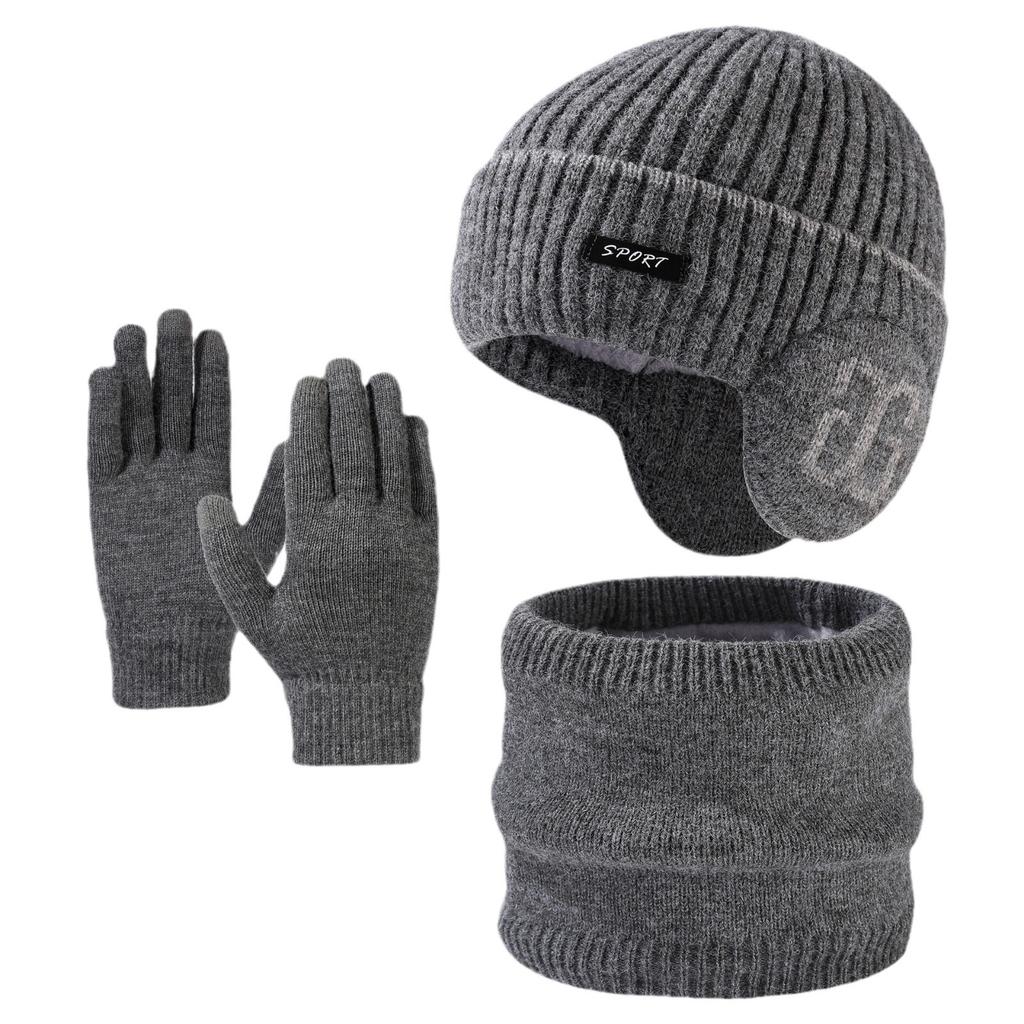 Fashion Ear Protection Knitted Wool Hat Outdoor Cycling Warm Hat Scarf Gloves Three-piece Men's Set