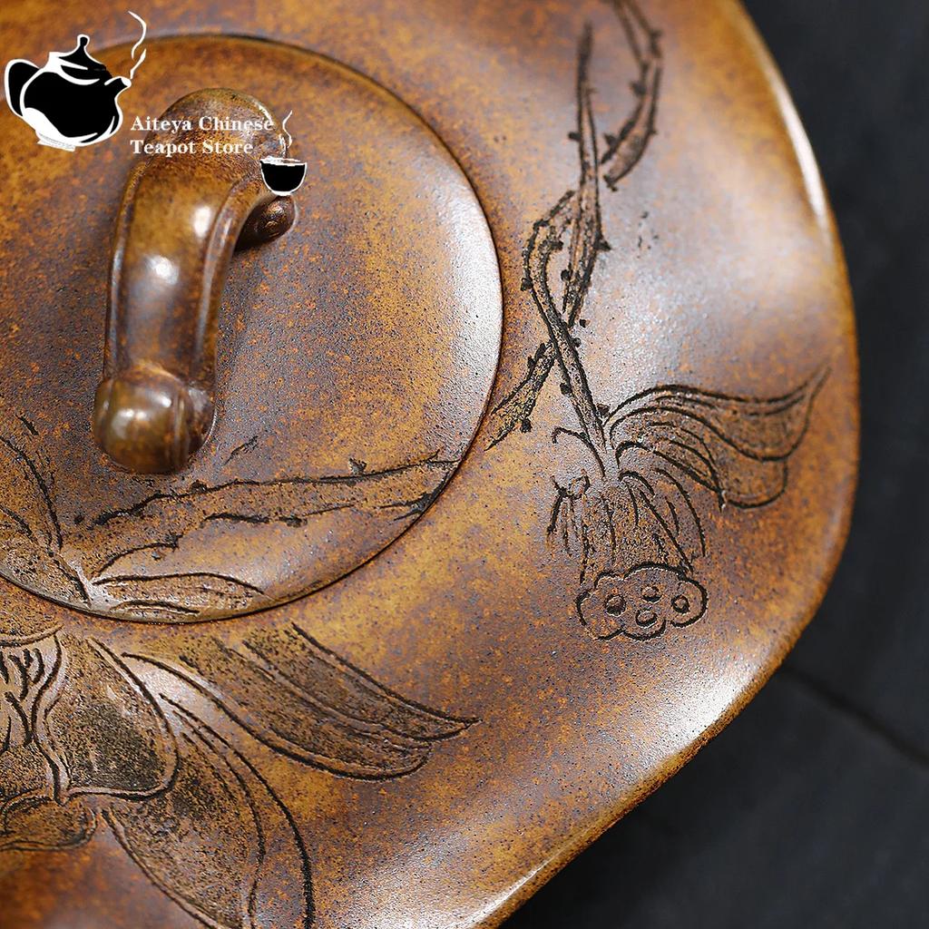 Yixing Handmade Purple Clay Teapot, Original Ore, Longyao Wood Fired Lotus Leaf Teapot, Kung Fu Tea Set Teapot, 410ml