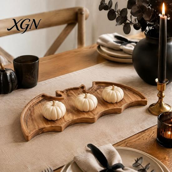 Rustic Tabletop Accessory Bat-Shaped Wooden Serving Tray, Halloween Theme Snack Dessert Platter, Kitchen Tray Decorative Storage Plate for Jewelry And