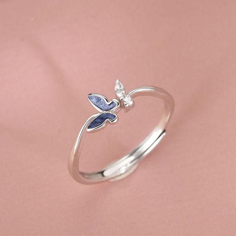 Ladies Adjustable Zircon Blue Butterfly Open Rings Jewelry