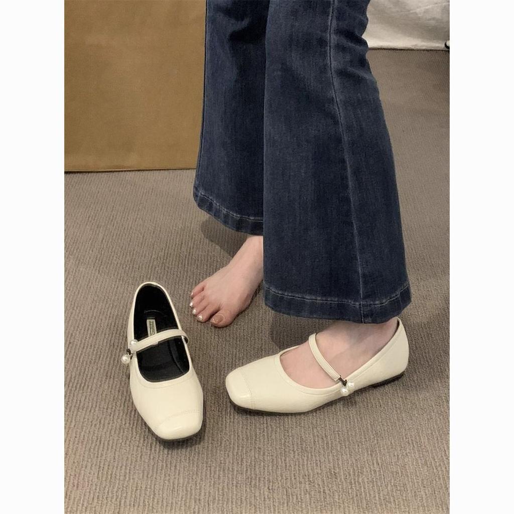 One-word Pearl Temperament Flat-bottomed Shallow-mouth Shoes 2025 New Spring and Summer French Retro Mary Jane Shoes Women's Shoes