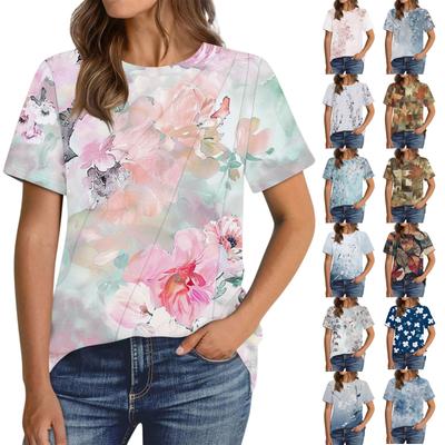 Women's Fashion Casual Floral Print Pullover Short Sleeve Top
