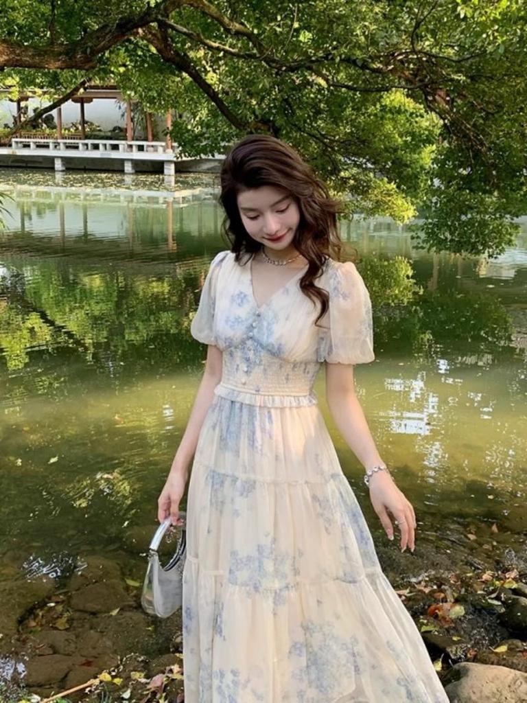 Elegant French Floral Print Summer Dress - V-neck Puff Sleeve High Waist, Sweet or Cool Style