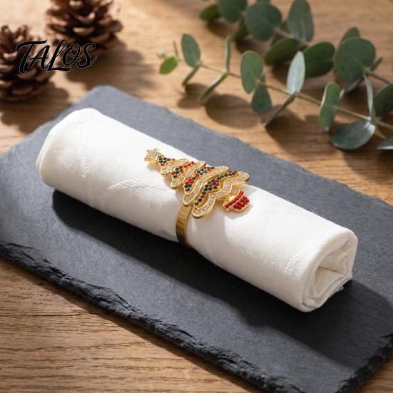 Winter Holiday Tableware Christmas Tree Napkin Ring, Alloy Rhinestone Holder, Home Kitchen Table Accessories Band for Dinner Parties Decoration