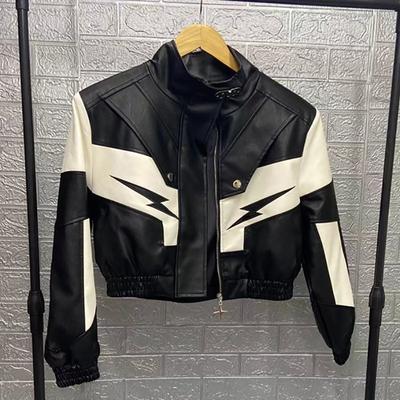 Chaqueta de moto elegante de primavera y otoño para mujer, chaqueta de cuero bordada con costuras industriales pesadas en contraste de color blanco y negro para mujer