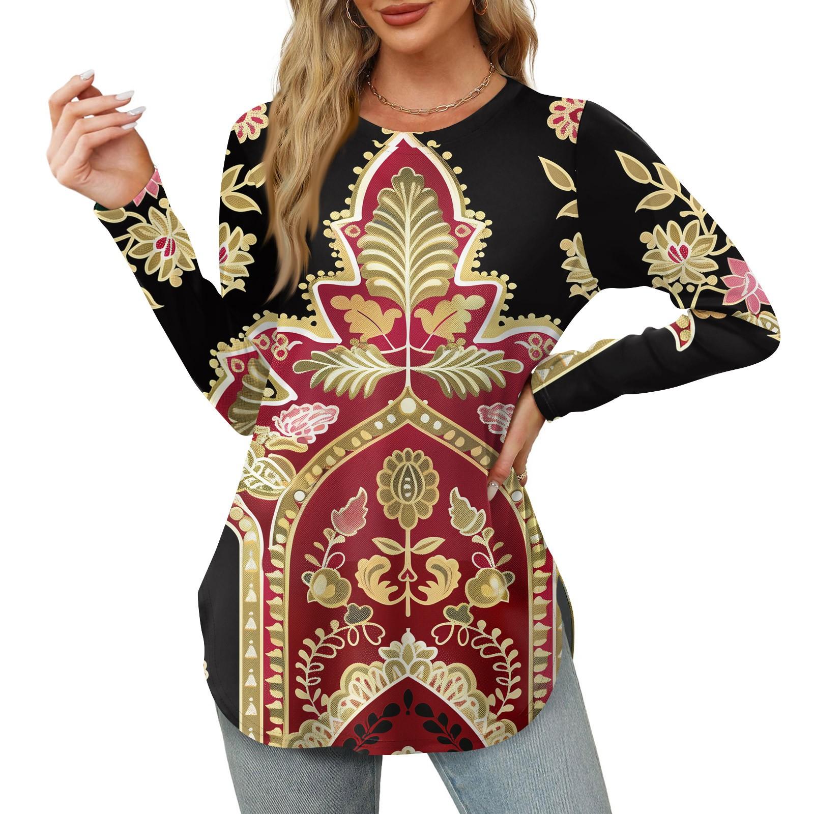 

Женская рубашка с круглым вырезом и длинными рукавами, повседневный топ с цветочным принтом и разрезом по бокам, свободный топ S красный