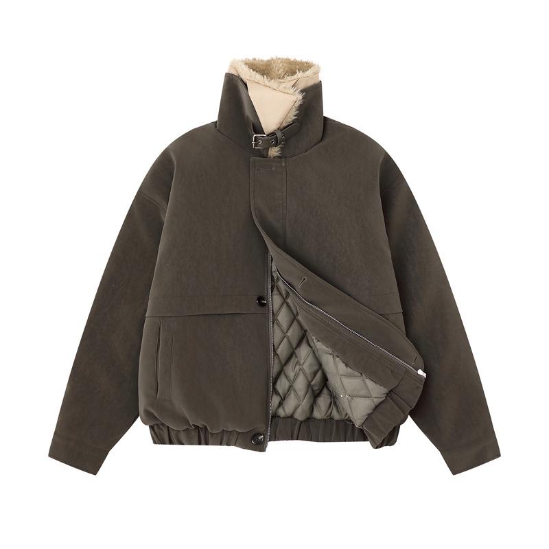 Unisex Winter Leather Jacket with Removable Shearling Collar - Casual American Lazy Style