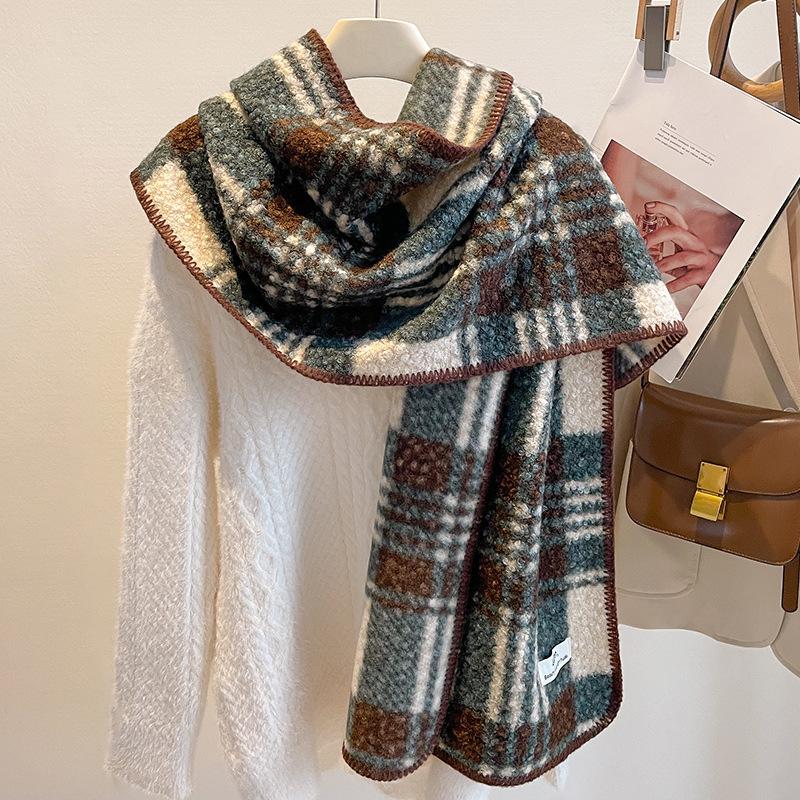 Retro black and white plaid imitation lamb wool scarf women's winter thickened warm plaid scarf fashion shawl dual-purpose