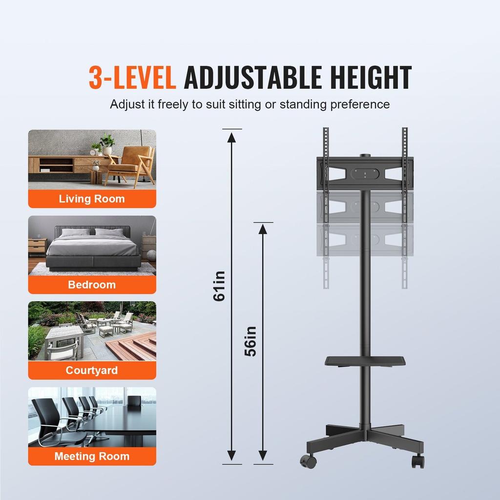 Mobile TV Stand, Mobile TV Cart for 23 To 60 Inch TVs, Height Adjustable Portable TV Stand with Wheels, with A Tray for Audio-Visual Devices, Rolling