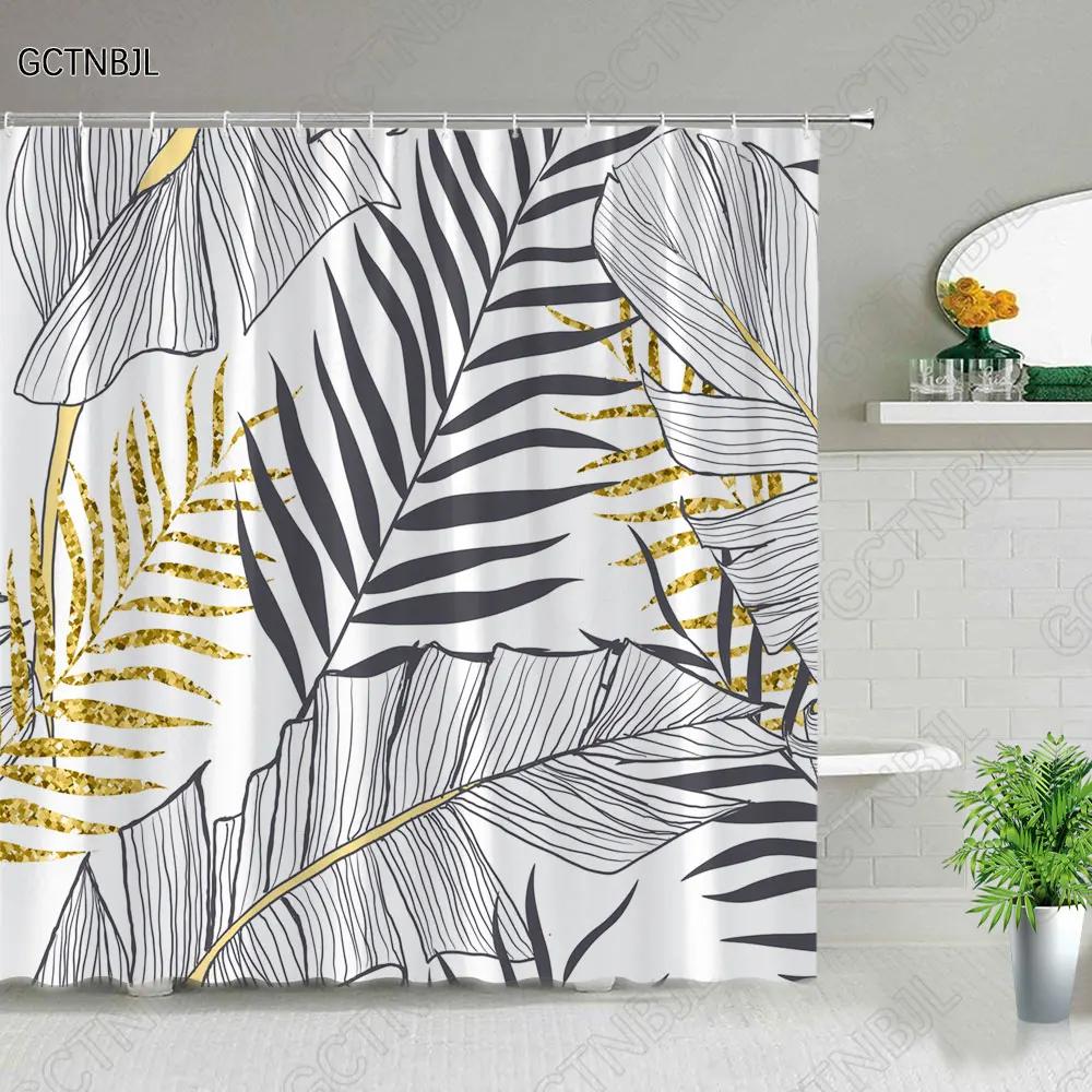 Tropical Green Plant Bathroom Shower Curtains Black Background Gold Palm Leaf Pattern Bath Curtain Waterproof Bathtub Home Decor