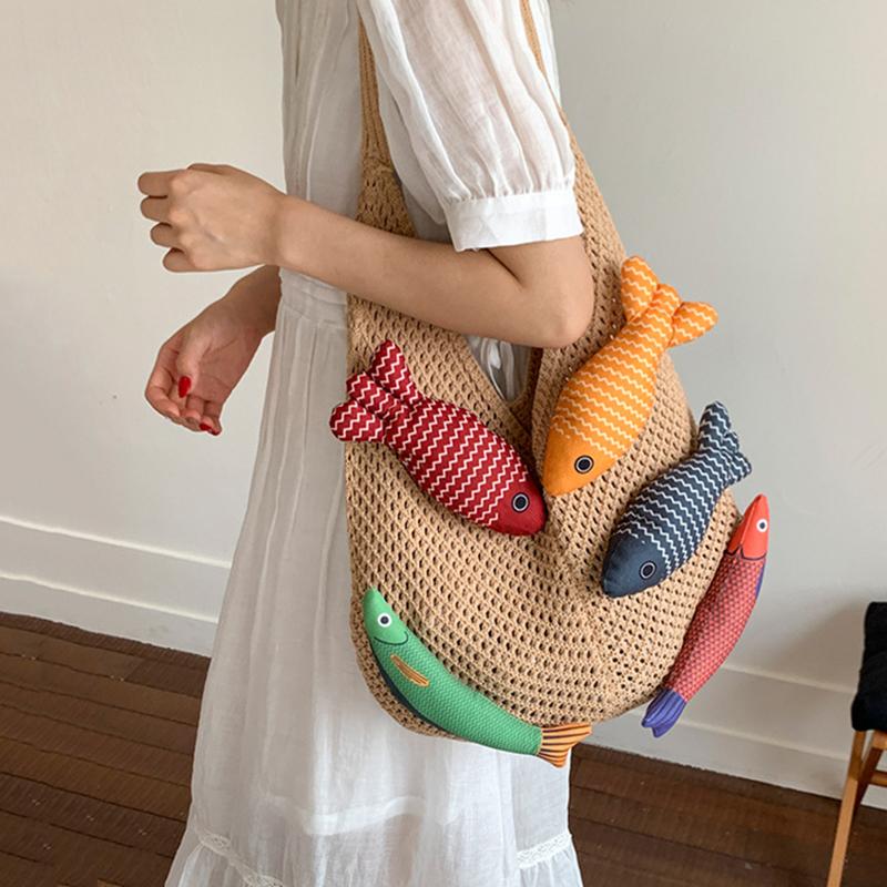 Yogodlns New Fish Cute Crochet Tote Bag Large Capacity Casual Woven Shoulder Bag Multicolor Handmade Knitted Bag
