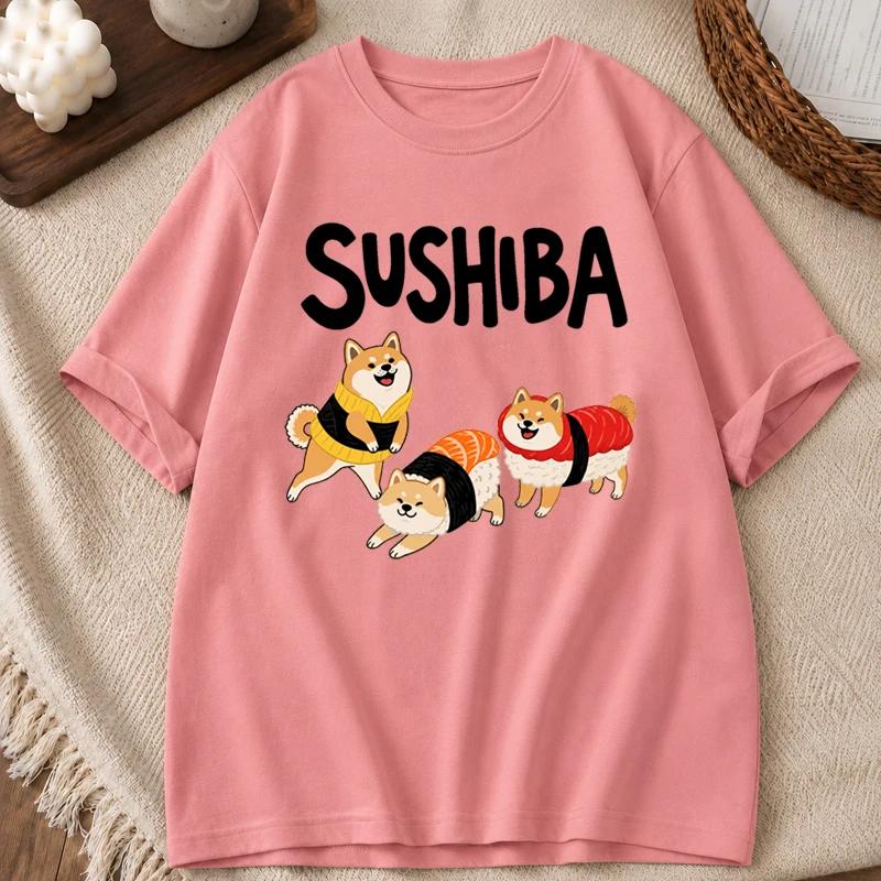 Unisex Sushiba Cute Sushi Shiba Inu Cartoon Print Short Sleeve T Shirt Fun Dog Food Pun Design Casual Streetwear Daily Basic Top
