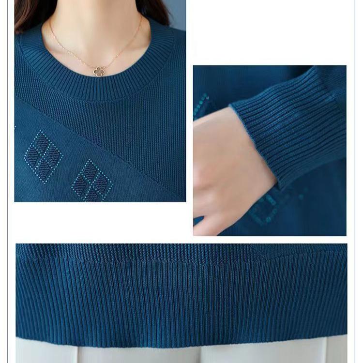 Fall Winter Women's Plus Size Sweater Long Sleeve Loose Crew Neck Knitwear Sweater Rhinestone Pullover Knit Top Stretch Jumper