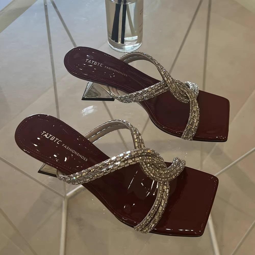 Fashion 2025 Summer New Open Toed Slippers for Women's Outerwear Square Head Water Diamond Cross Straight Strap Cool Dragging High Heels