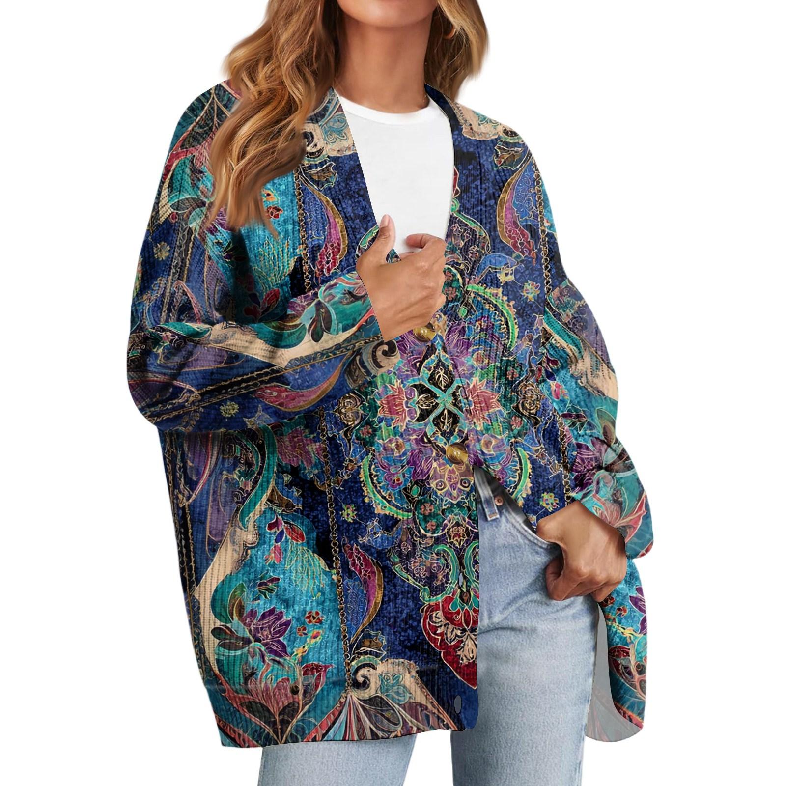 

Women s Fashion Long Sleeve Print V-Neck Button Loose Cardigan Top XXL ціан