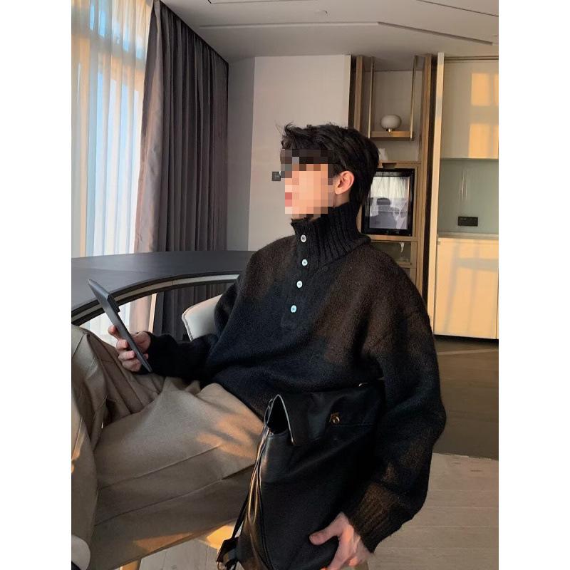 2025 Men s Korean Style High Neck Wool Sweater - Trendy, Loose-Fit Knitted Pullover for Autumn/Winter XL чёрный