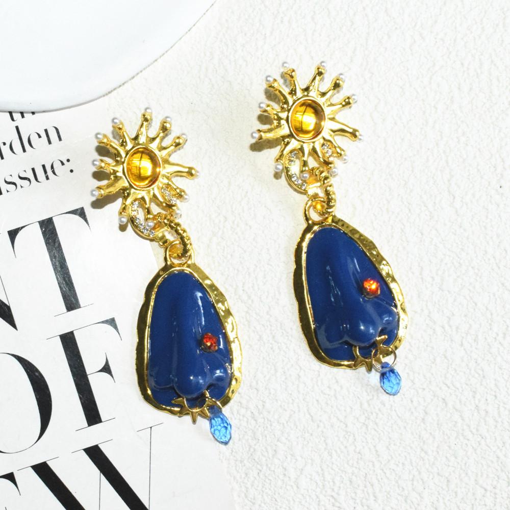 Exaggerated Blue Stone Water Drop Dangle Earrings for Women Jewelry Baroque Style Party Show Statement Earrings Accessories