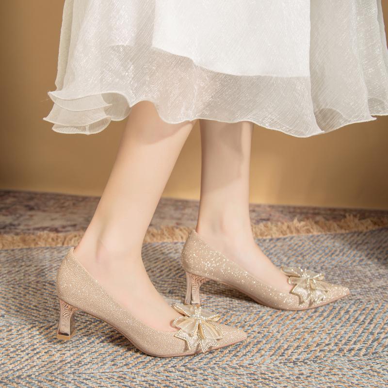 Módní dámské polovysoké podpatky s mašlí 2024 nový styl svatební boty pro nevěsty jednobotky do práce