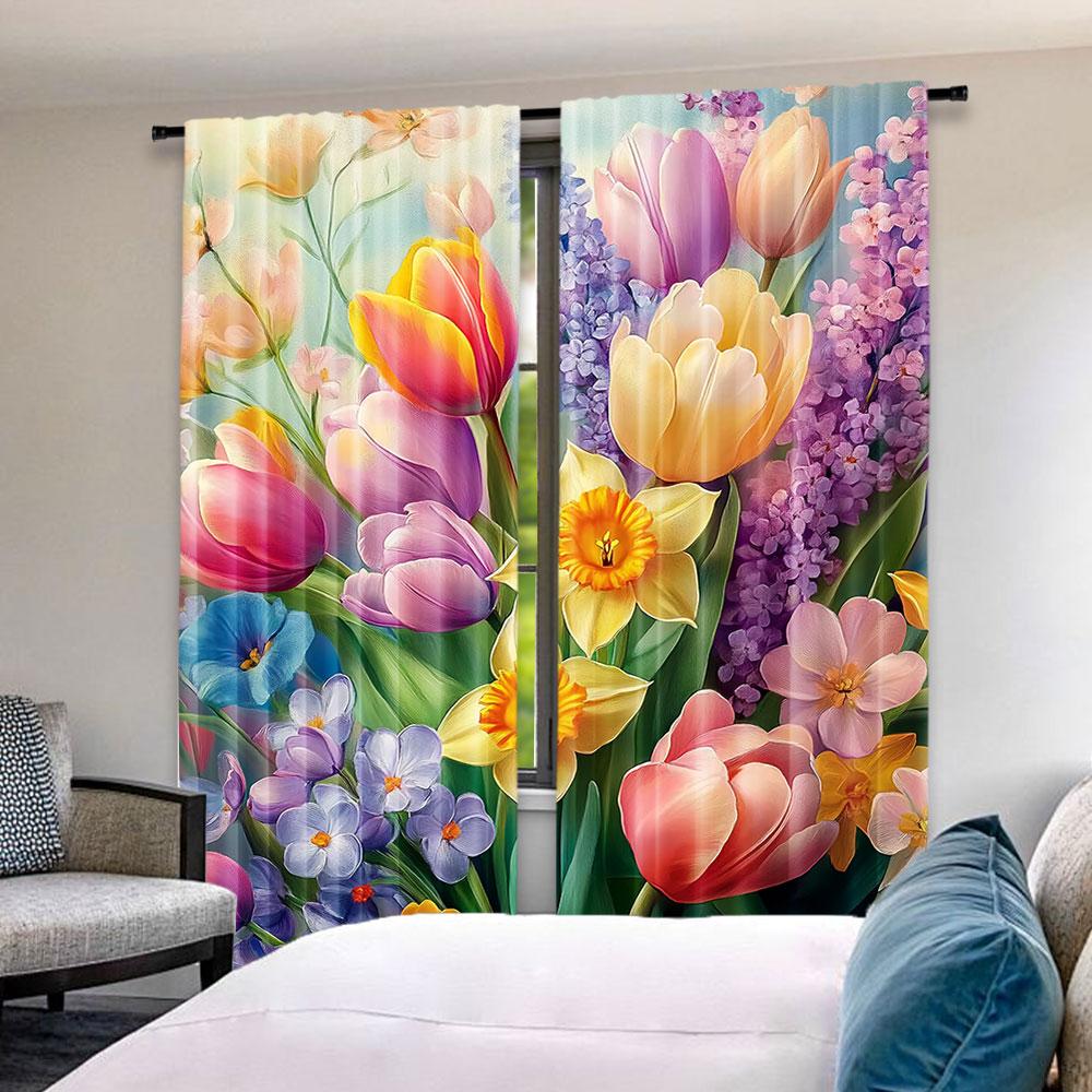 2Pcs Spring Curtain Colorful Dreamy Scenario Of Blooming Roses Lavender And Peony With Leaves Suitable For Bedroom Bathroom