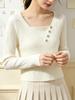 Women’s White Ribbed Square Neck Knit Sweater - Faux Layered Style, Loose Fit for Autumn/Winter