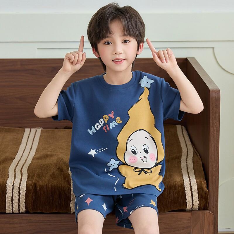 Boys Cotton Short Sleeve Pajama Set Lightweight Sleepwear Kids Teens Home Outfit