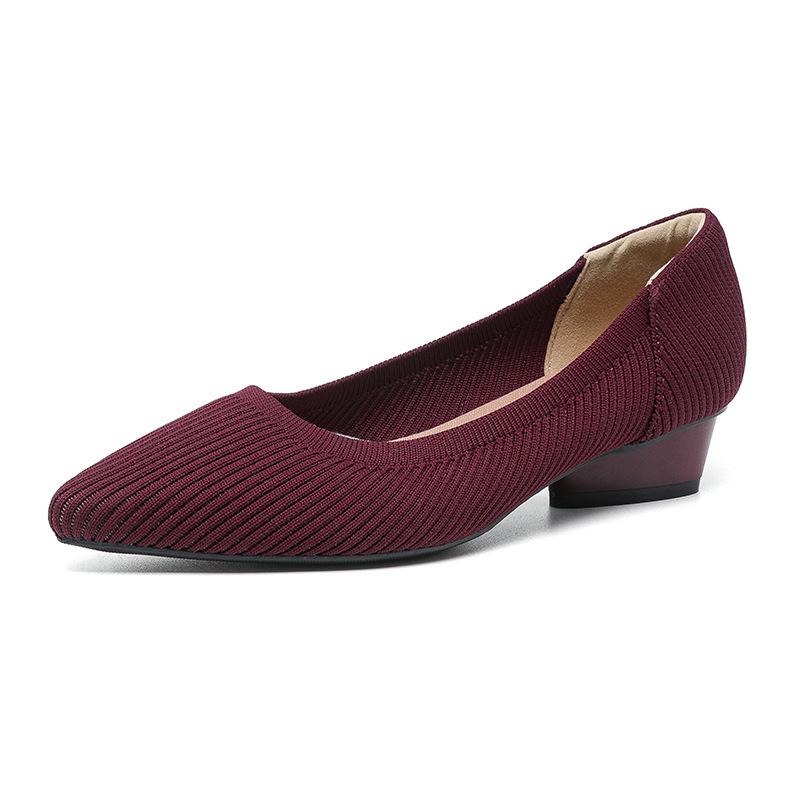 B35-3 Pointed Toe Low-Cut Chunky Heel Breathable Plus Size Striped Knit Shoes