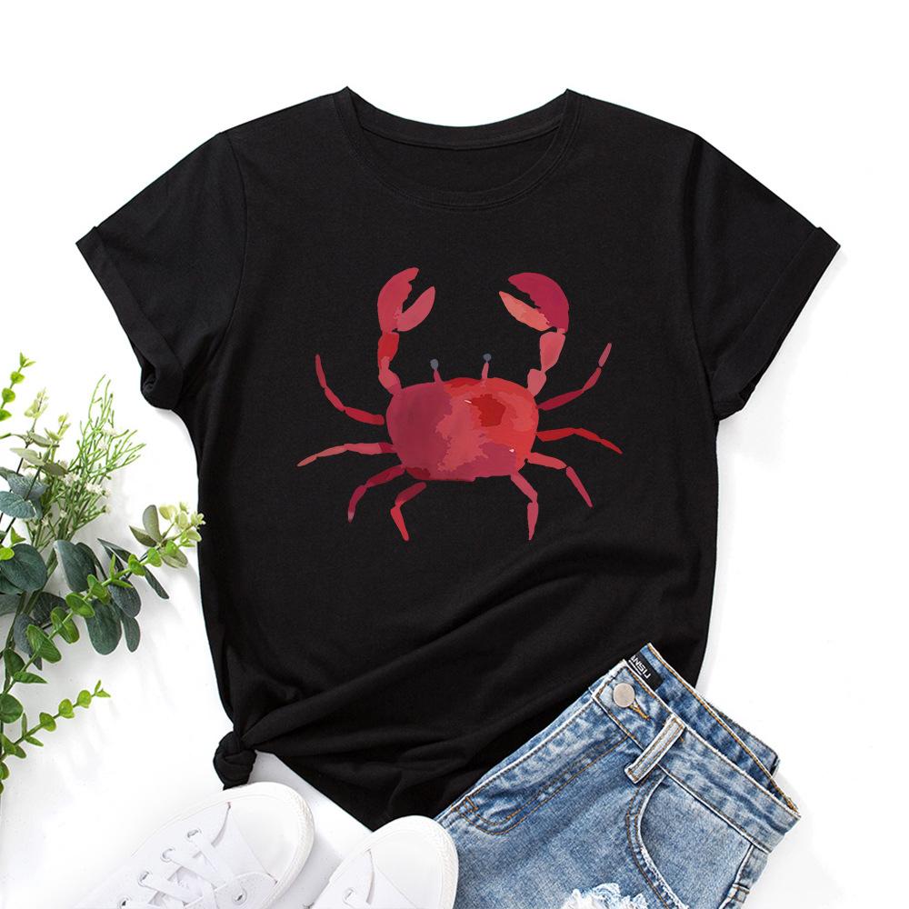 Fashion Women's Clothing Cute Crab Print Loose Crew Neck Short Sleeves T-Shirts Women’s