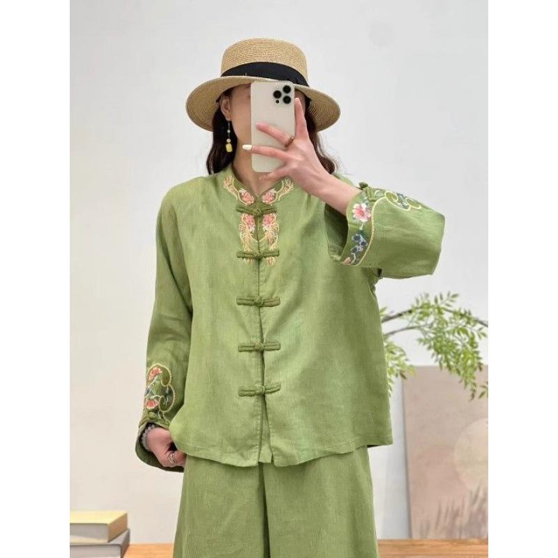 Lente Herfst Retro Etnische Stijl Borduurwerk Enkele Rij Schijfgesp Effen Kleur Kleine Blouse Top