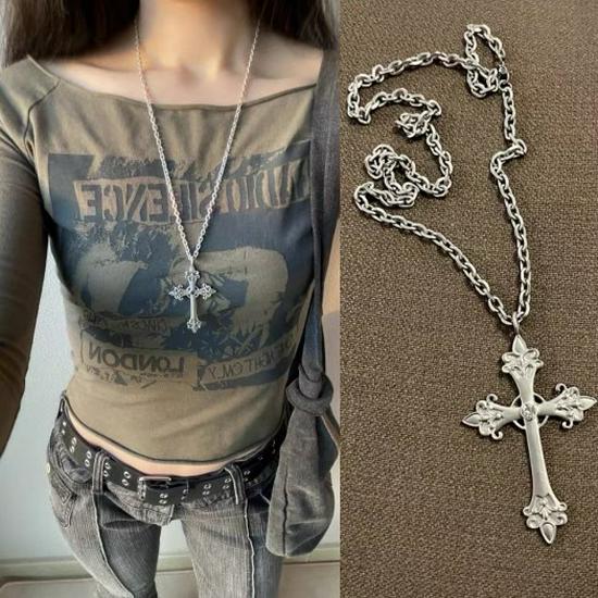 Korean Designer Silver Large Engraved Cross Pendant Necklace
