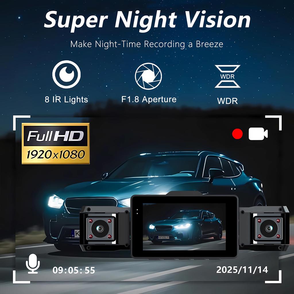 1080P Quad Dash Cam, 4-Channel 4-Screen Display, WiFi, Phone Sync, Rear View, Night Vision, Wide Angle