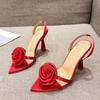 Fashion Summer Fashion Silk Rose Flowers Back Strap Heeled Sandals Women Pointed Open Toe Red High Heels Wedding Prom Shoe Zapatos Mujer