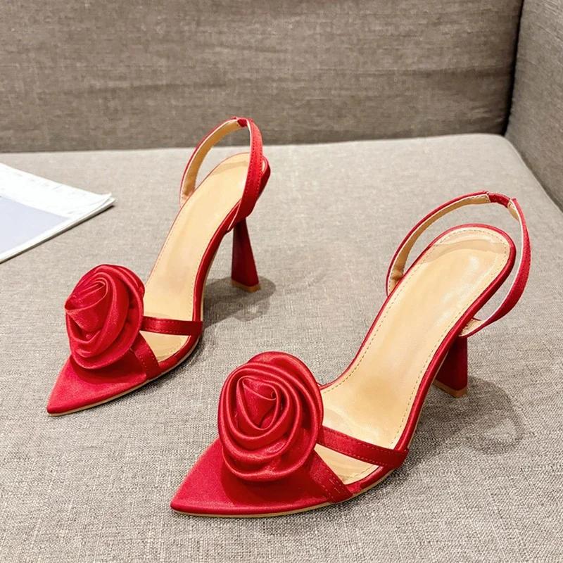 Fashion Summer Fashion Silk Rose Flowers Back Strap Heeled Sandals Women Pointed Open Toe Red High Heels Wedding Prom Shoe Zapatos Mujer