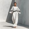 Women Striped Print Wide Sleeve Crew Neck Loose Fit Maxi Dress Solid Color Casual Long Dress