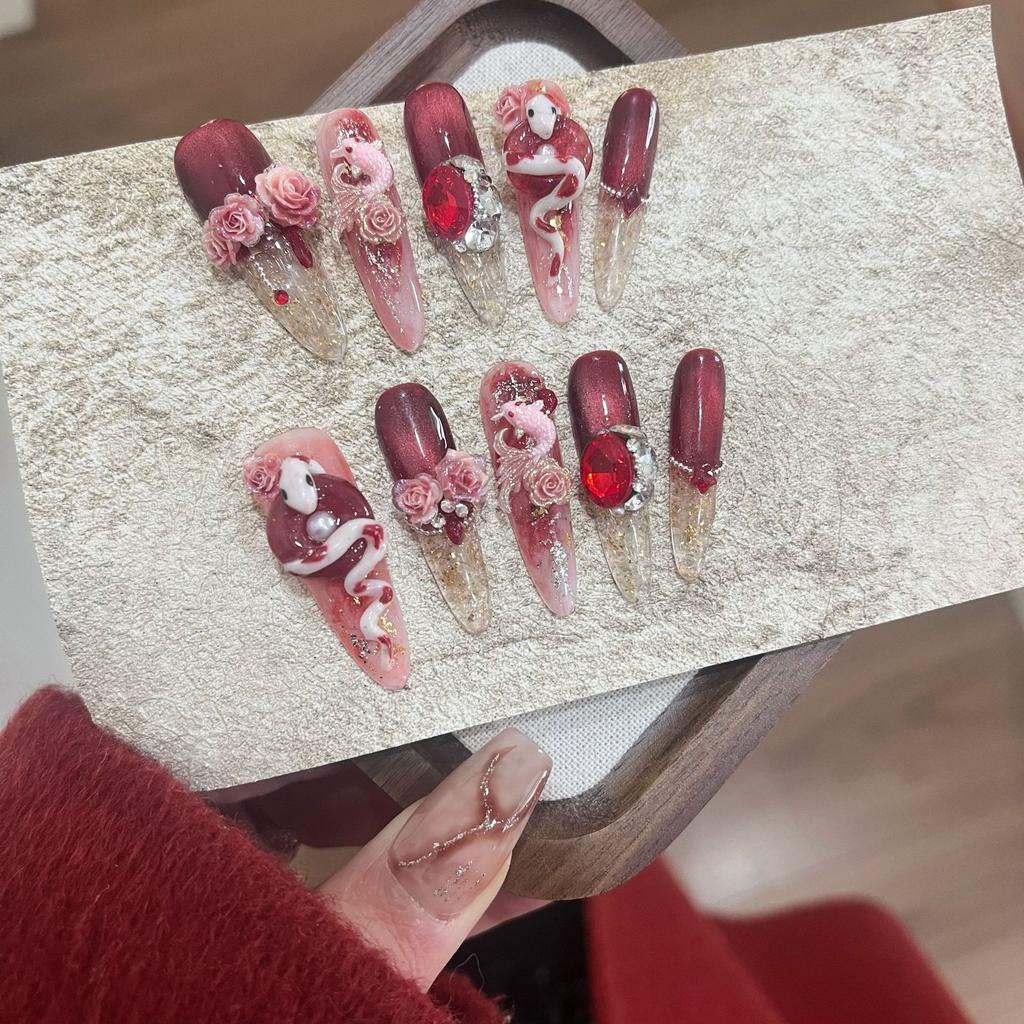 Red Handmade Stiletto Press On Nails With Snake Rose Rhinestones 10 Pcs Full Cover Artificial Tips With Tools